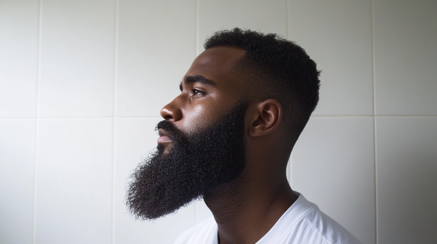 A confident man in his late 20s to early 30s with a full beard stands in a modern bathroom, surrounded by high-quality grooming products.