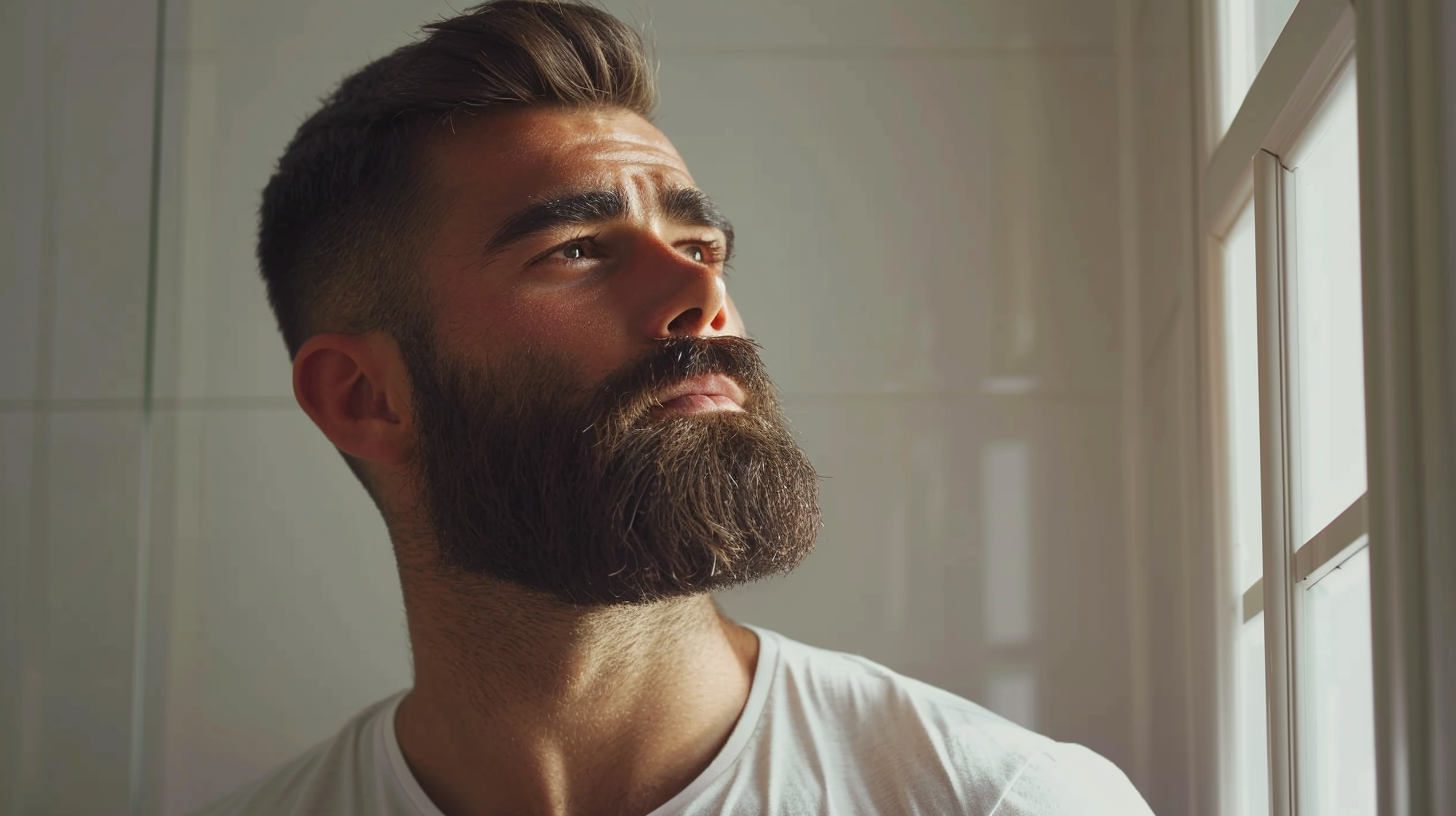 A stylish man in his late 20s with a well-groomed beard surrounded by premium grooming products in a minimalist bathroom setting.