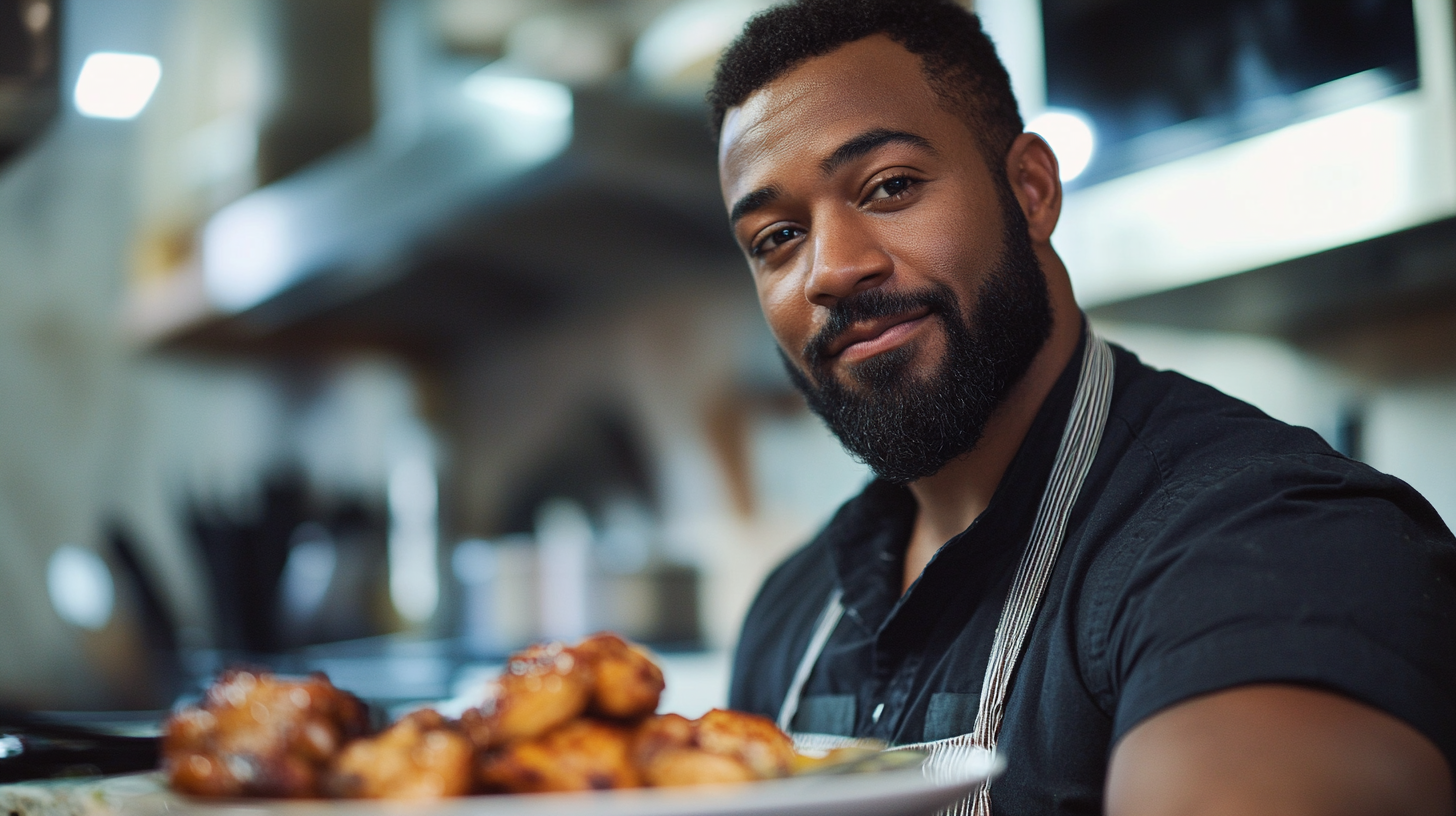 A modern kitchen setting with a well-groomed man admiring a beautifully plated chicken dish, surrounded by grooming products.