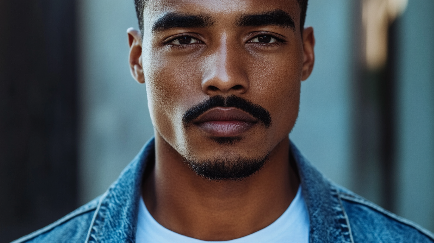 A confident, well-groomed man with a styled mustache, surrounded by grooming tools and products, set against a backdrop of deep blues, rich browns, and earthy greens.