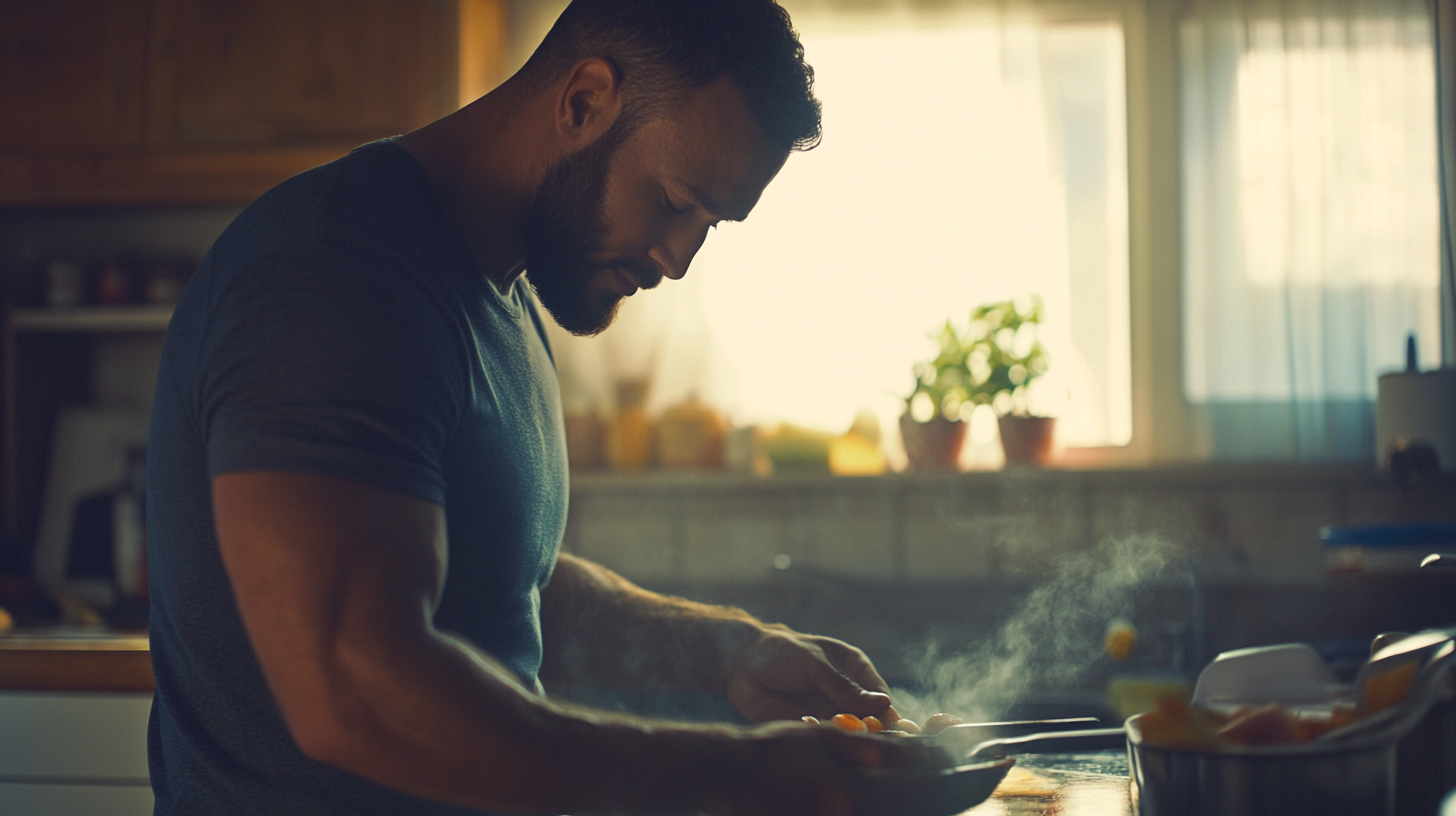 A stylish man in his late 20s to early 30s with a well-groomed beard prepares a healthy meal in a sleek, contemporary kitchen, surrounded by fresh ingredients and grooming products.