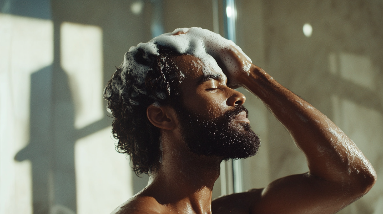 A diverse group of men aged 25-36 engaged in grooming and self-care activities in a modern setting.