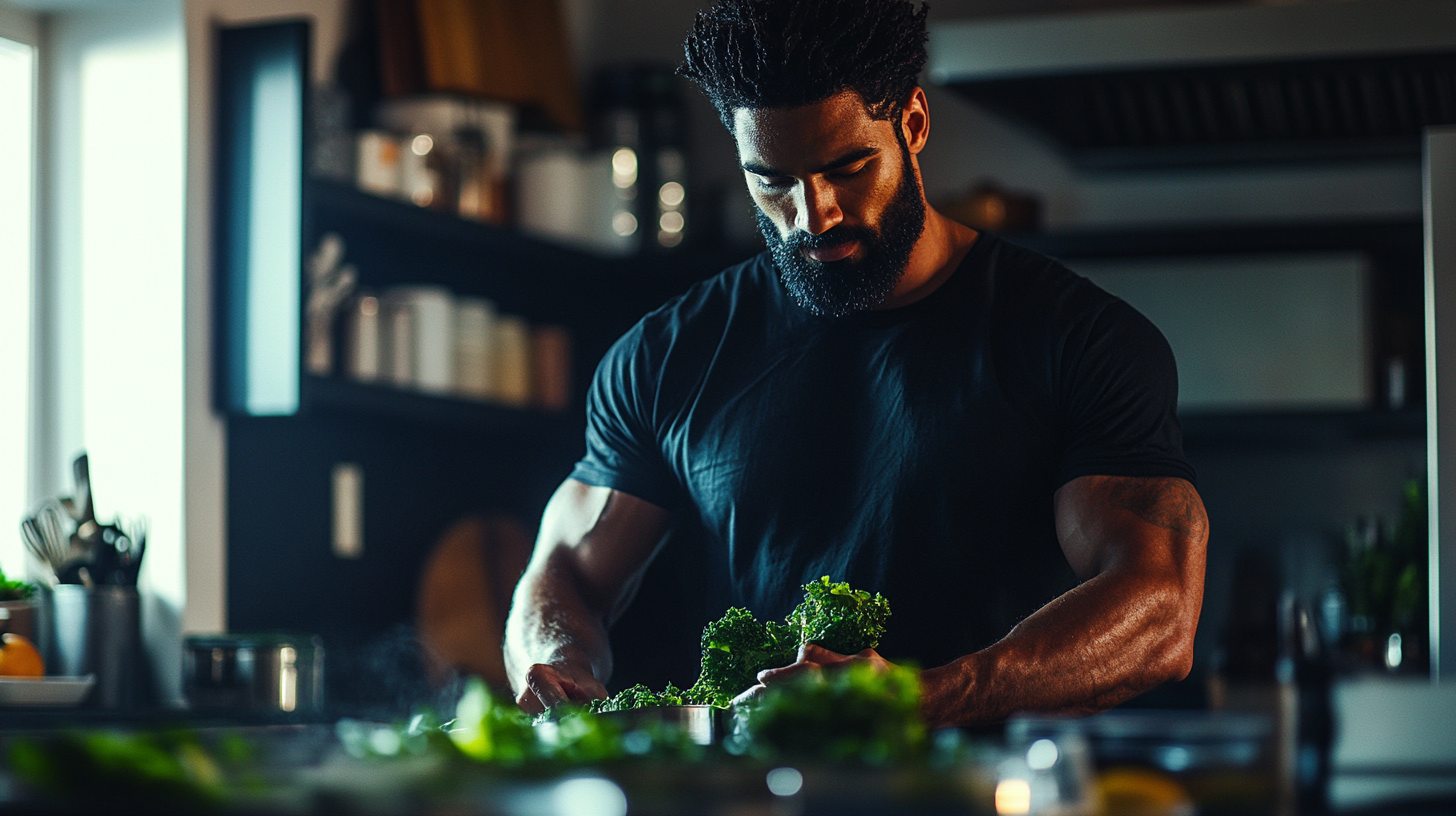 A diverse group of men with well-groomed hair and beards, surrounded by grooming products and wooden combs in a warm, earthy-toned setting.