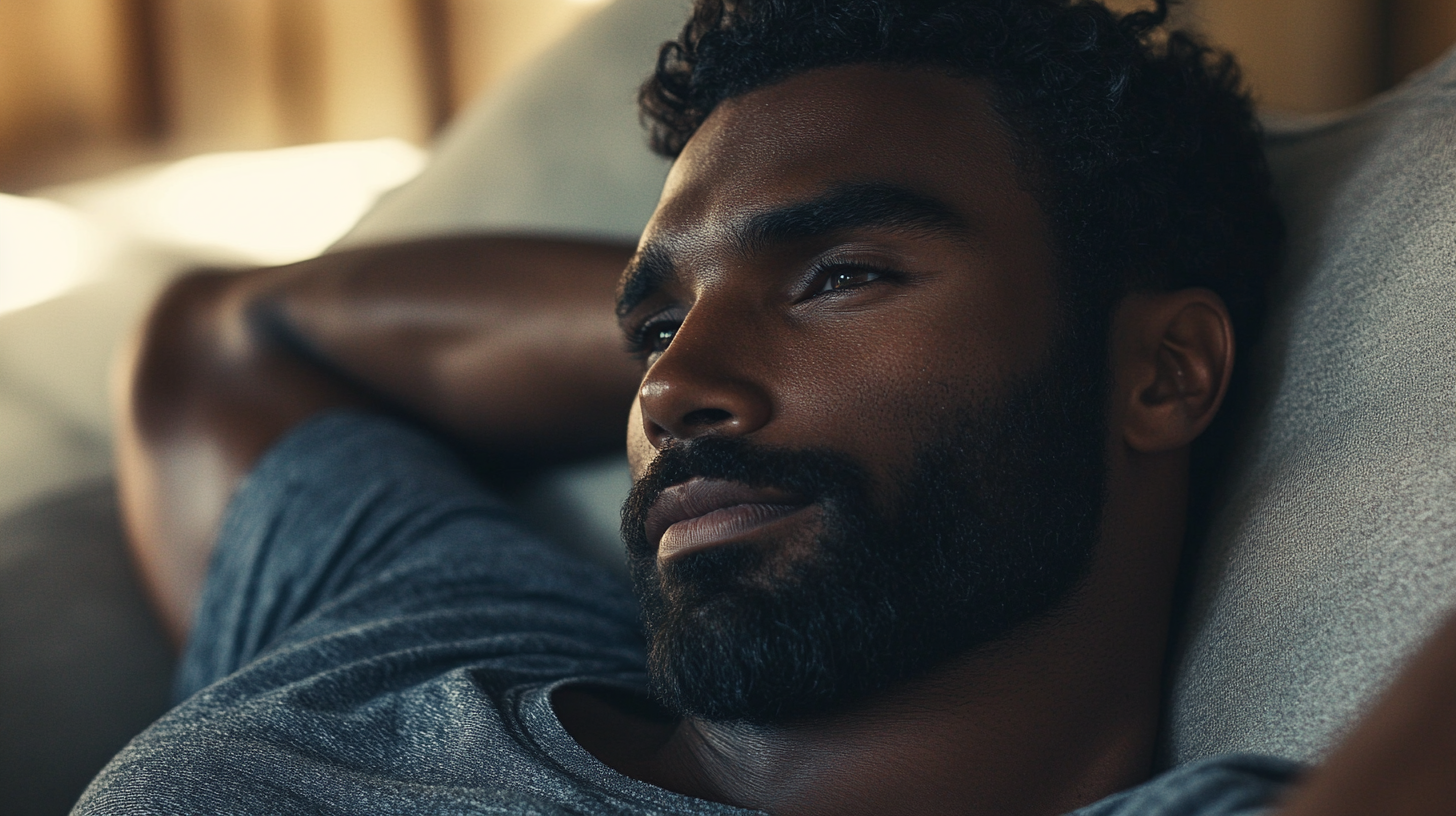 A diverse group of men showcasing healthy hair, skin, and beards in a modern setting, surrounded by grooming products like beard oils, shampoos, and vitamin gummies.