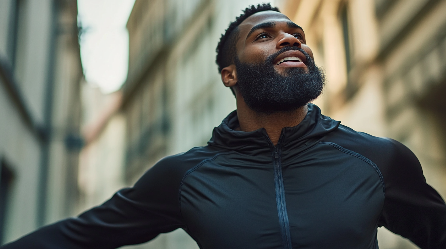 A confident man with a well-groomed beard surrounded by grooming items like a wooden comb, beard oil, and a green plant, set against a modern, minimalistic background.