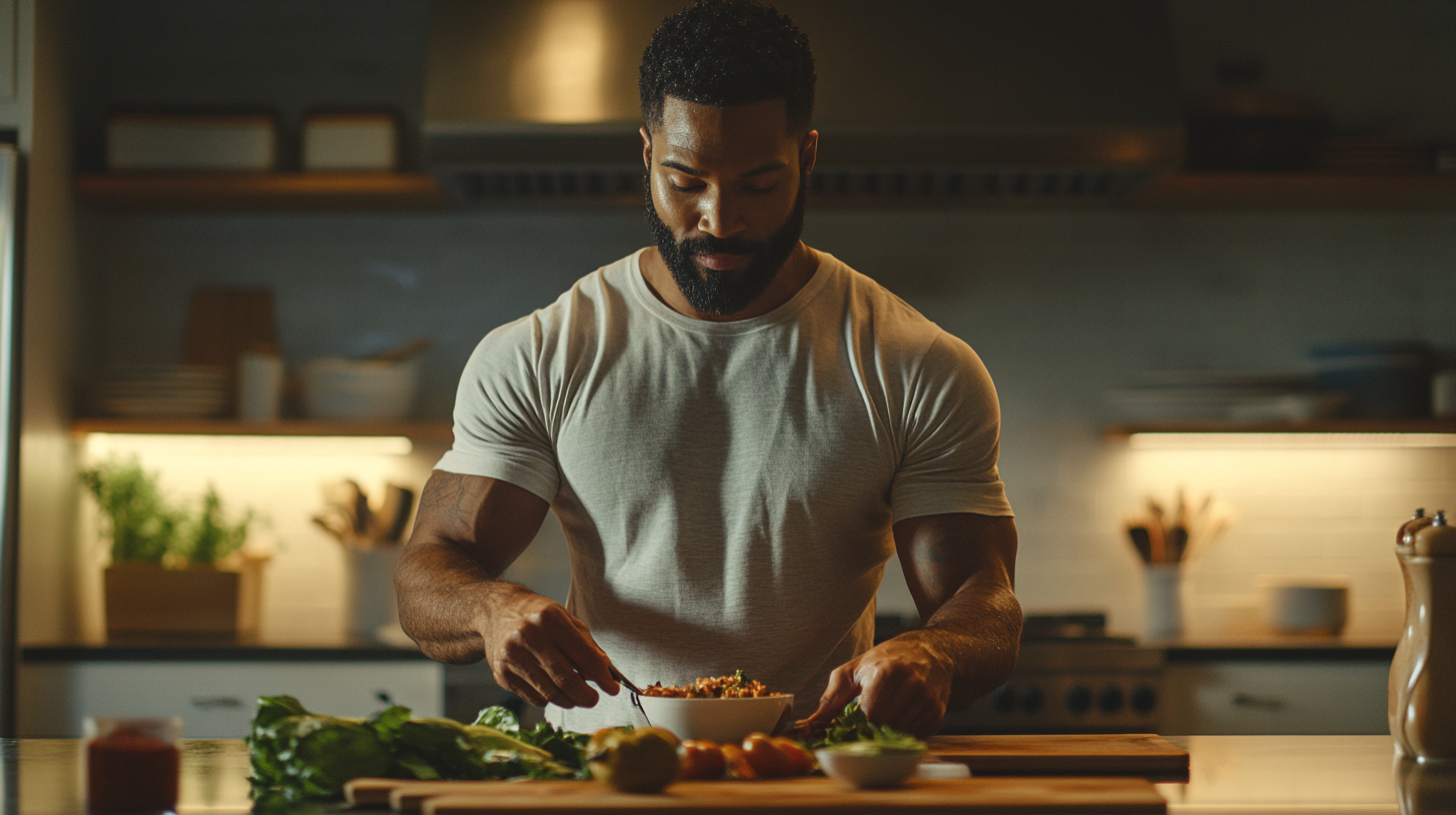 A diverse group of men with well-groomed beards and healthy hair engage in meal prep in a modern kitchen, surrounded by fresh ingredients and grooming products.