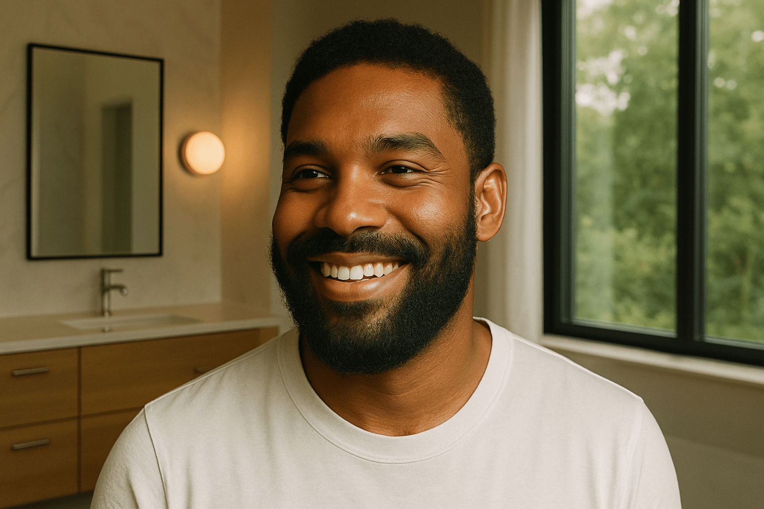 A diverse group of men with well-groomed beards in a modern barbershop, surrounded by grooming products.