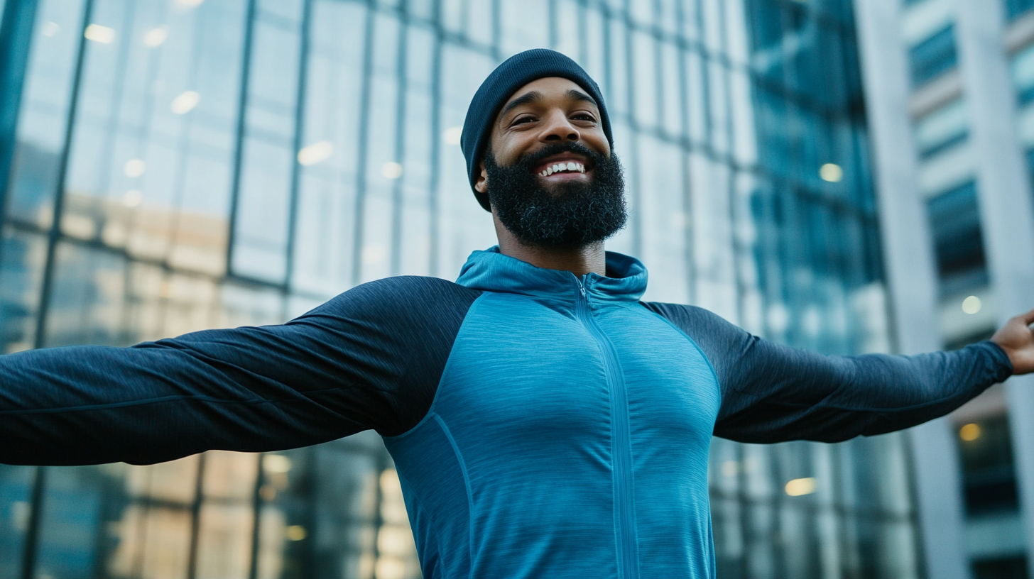 A confident man in his late 20s with a well-groomed beard and healthy hair gazes at his reflection in a modern bathroom, surrounded by grooming products.