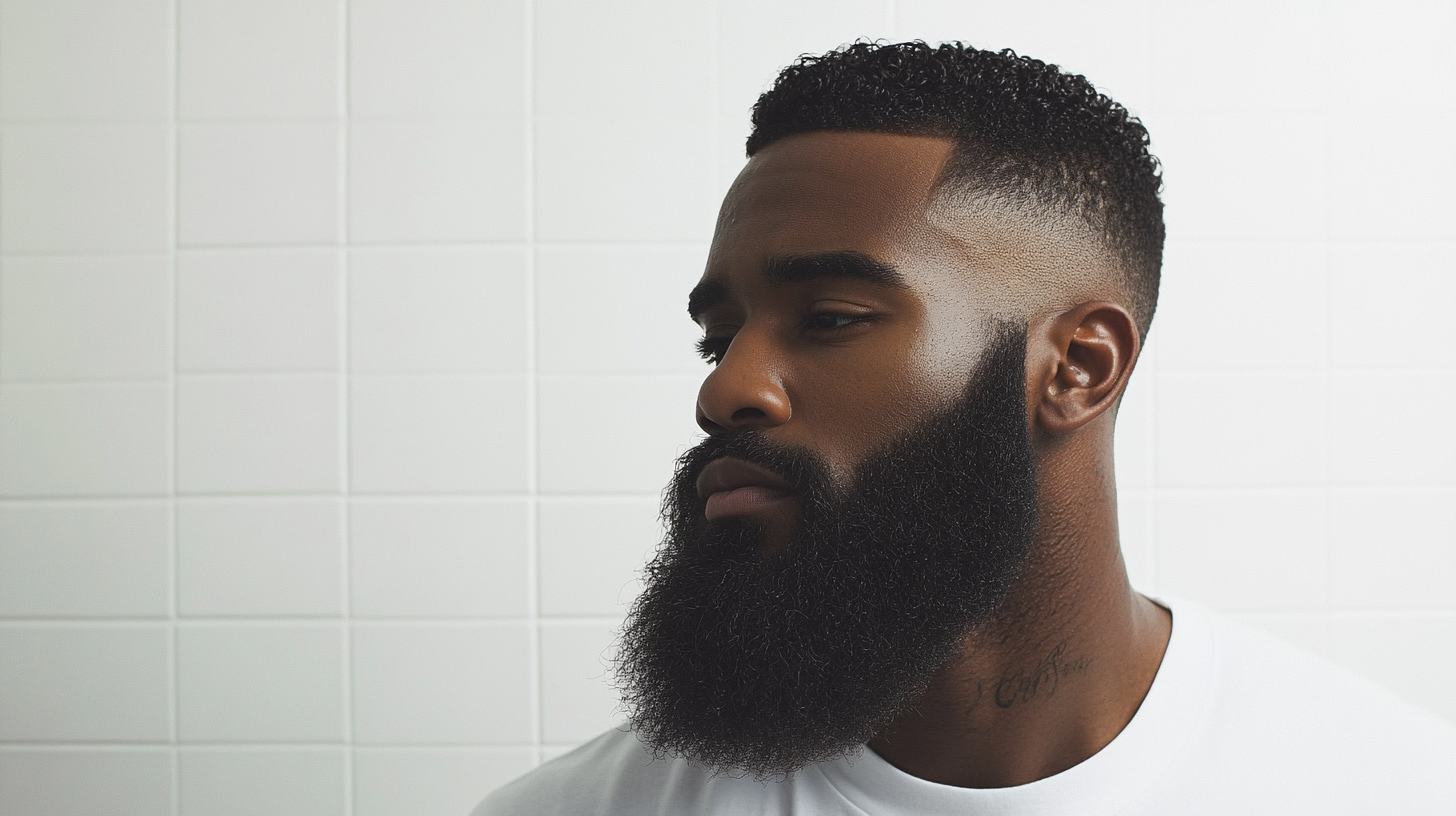A diverse group of men with well-groomed beards engaged in a grooming session in a modern bathroom, using beard care products.
