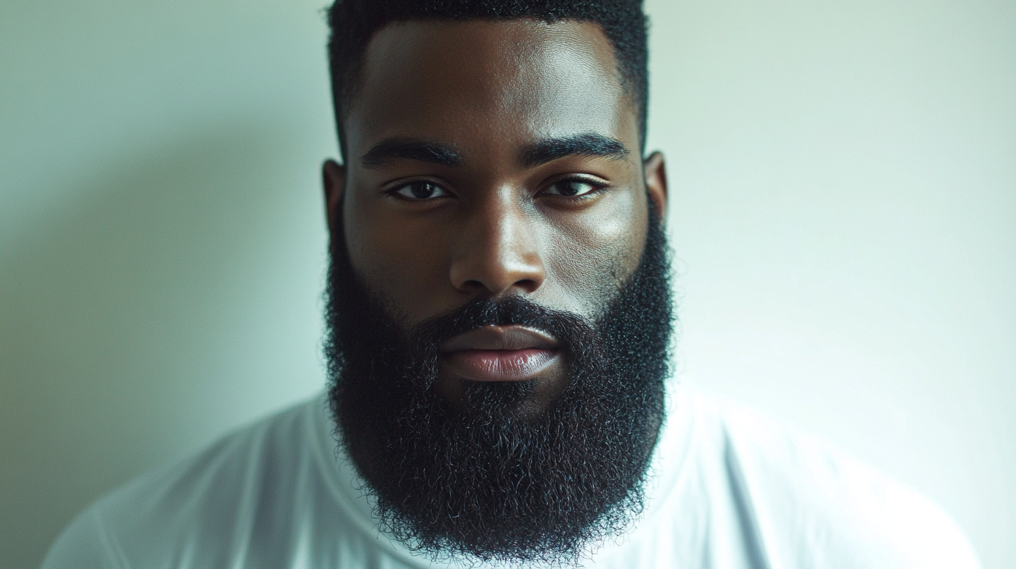 A diverse group of men aged 25-36 with well-groomed beards in various styles, surrounded by grooming tools, in a modern, sophisticated setting with earthy tones.