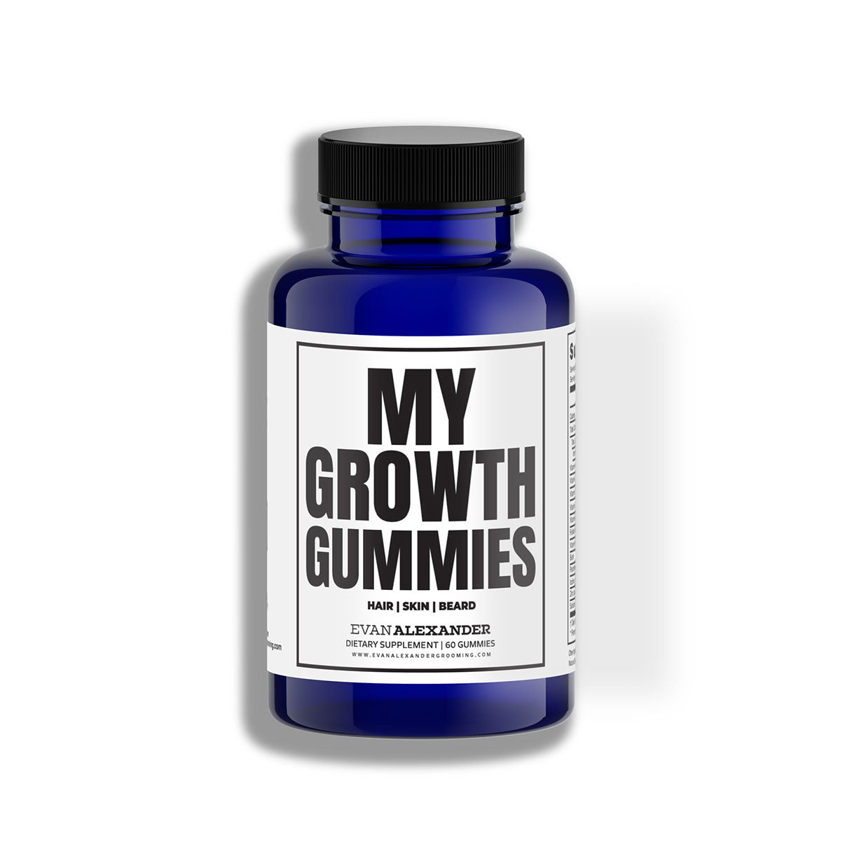 A blue bottle with a black cap labeled 'MY GROWTH GUMMIES', indicating that it is a supplement for hair, skin, and nails.