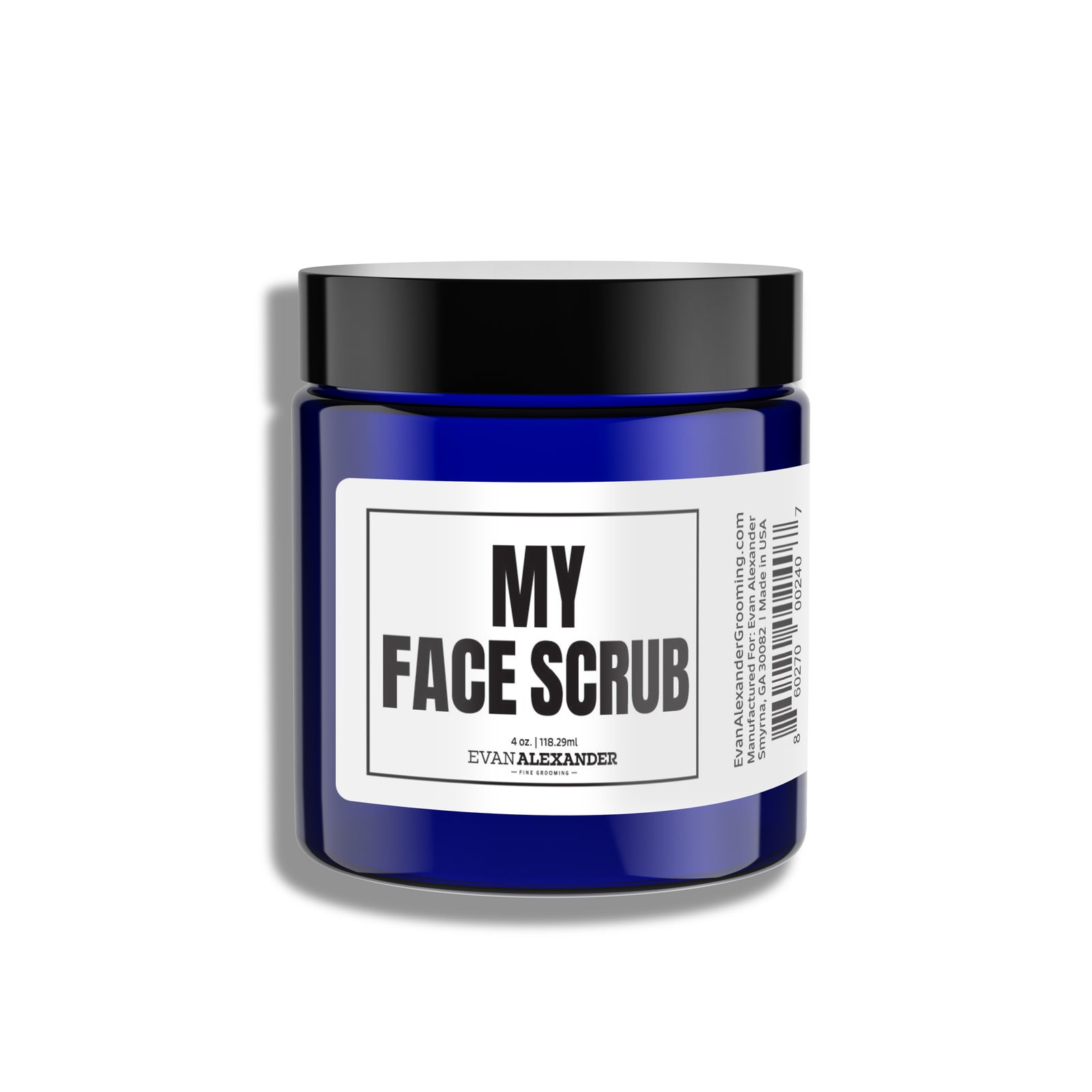 A blue jar labeled 'MY FACE SCRUB' by Evan Alexander Grooming.