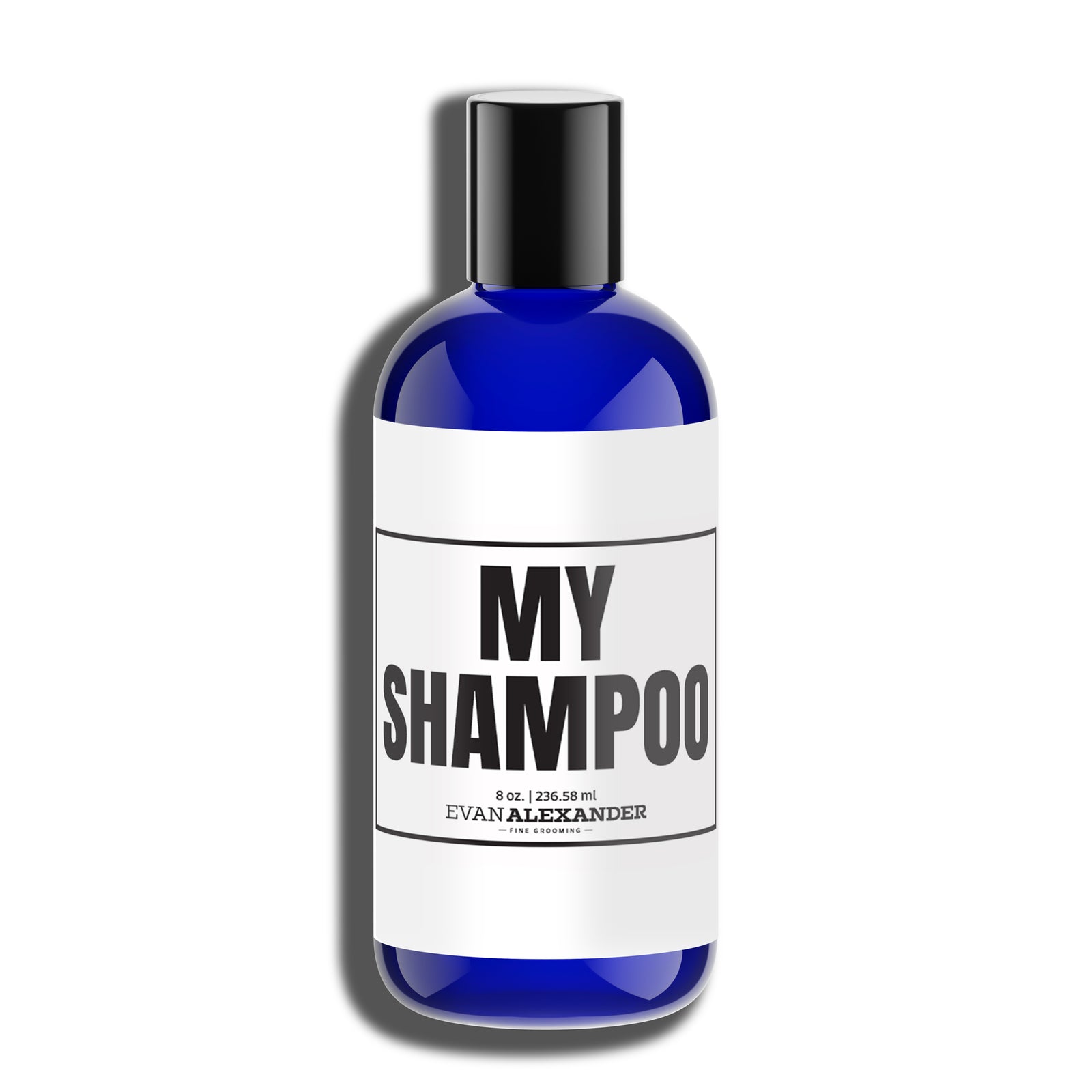 A blue bottle of shampoo labeled 'MY SHAMPOO' by Evan Alexander Grooming.