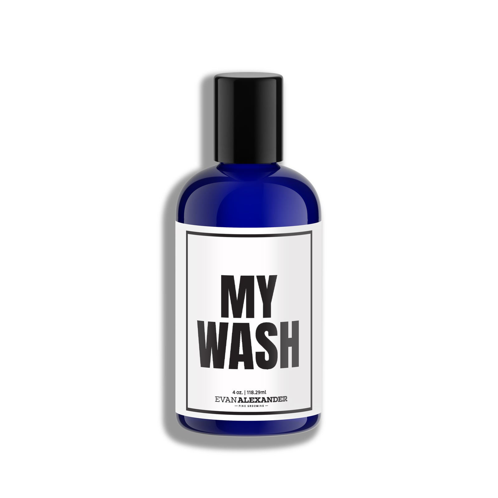 A blue bottle of beard wash with a black cap labeled 'MY WASH' by Evan Alexander Grooming.
