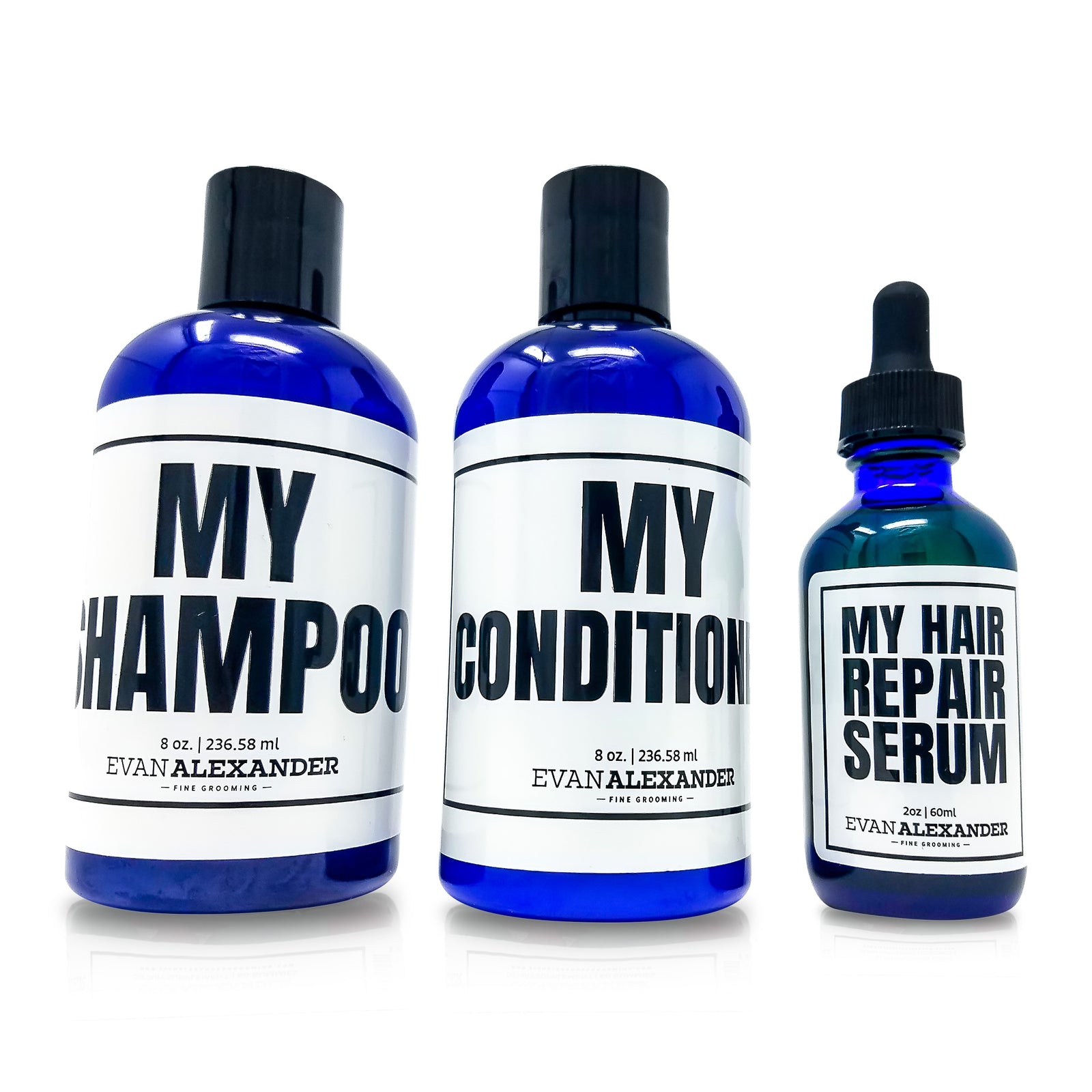 A set of three grooming products labeled 'MY', 'MY CONDITION', and 'MY HAIR REPAIR SERUM' from Evan Alexander Grooming. The products are in blue bottles with white labels.