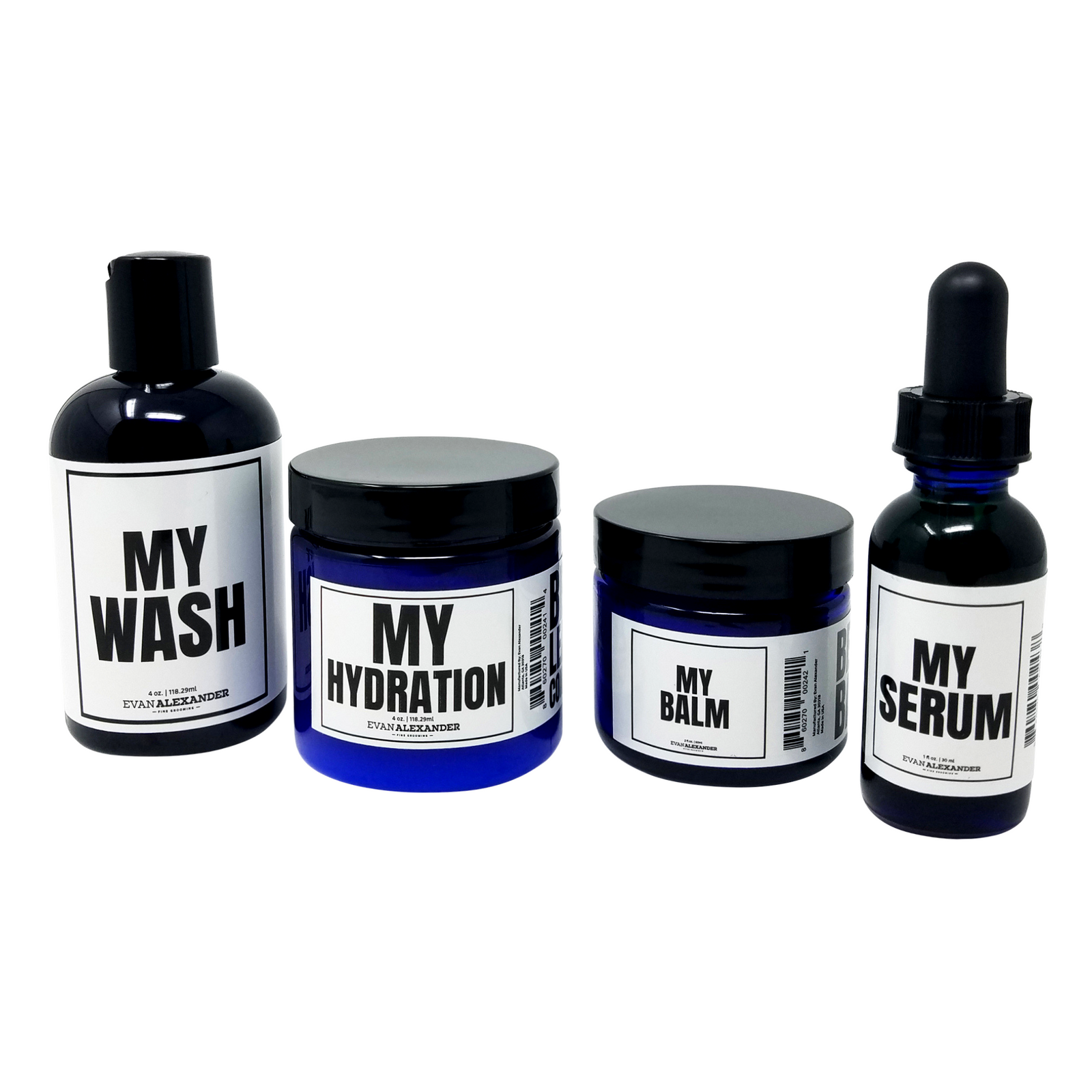 A set of four beard care products labeled 'MY Wash', 'MY Hydration', 'MY Balm', and 'MY Serum' in black and blue bottles and containers.