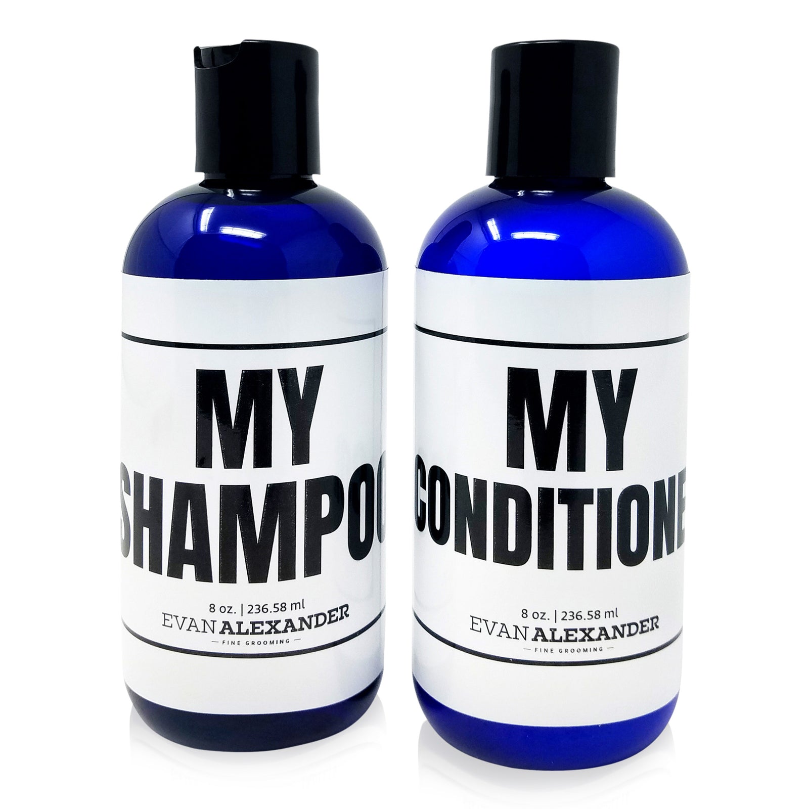 Two bottles of hair care products, one labeled 'MY SHAMPOO' and the other 'MY CONDITIONER', both with black caps and blue liquid inside, against a white background.