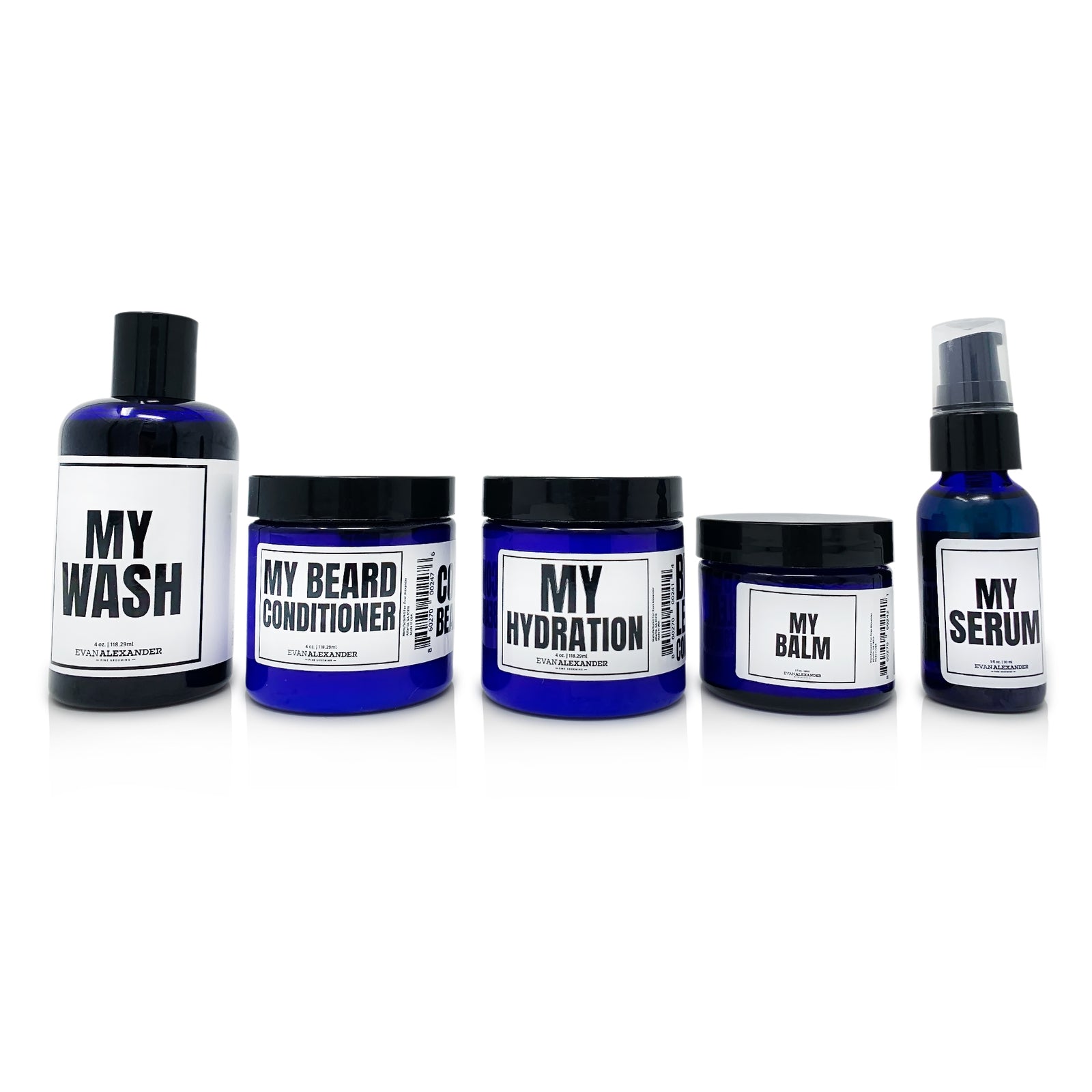 A set of five beard care products in blue and white containers, labeled as 'MY Wash', 'MY Beard Conditioner', 'MY Hydration', 'MY Balm', and 'MY Serum'.