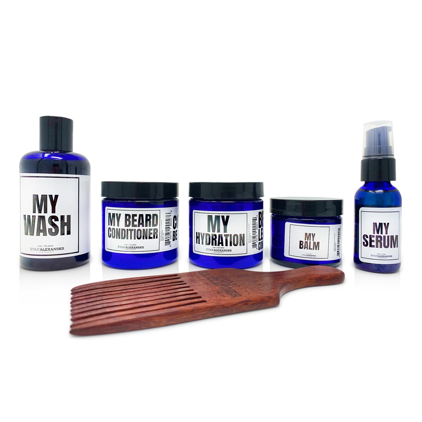 A collection of beard care products including wash, conditioner, hydration cream, oil, and serum, with a beard comb. All items have 'MY' branding indicating they are part of the same set.