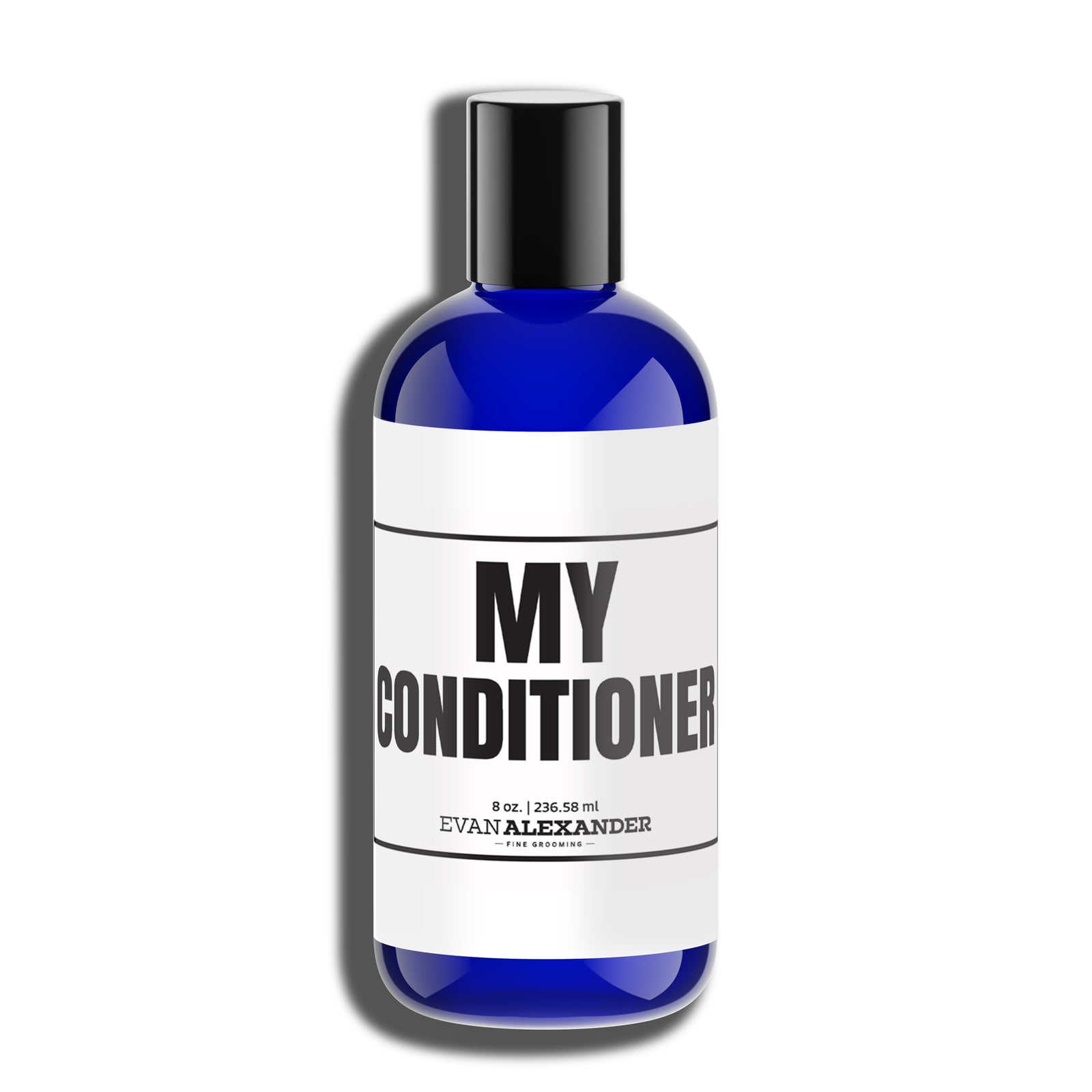 A blue bottle of hair conditioner labeled 'MY CONDITIONER' by Evan Alexander Grooming.