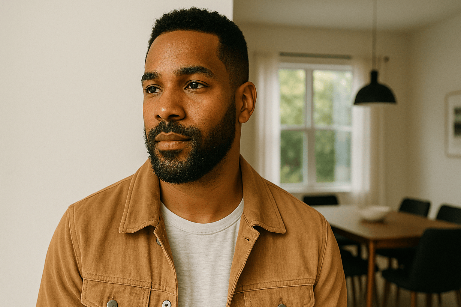 A group of diverse men in a modern bathroom showcasing healthy hair and beards, using grooming products like serums and oils.