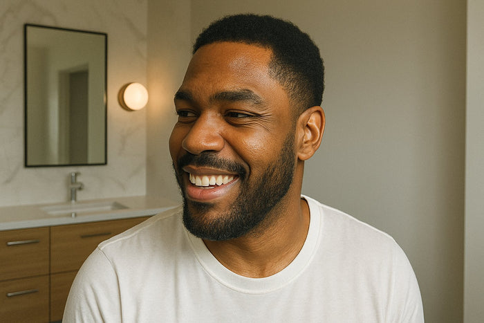 A stylish man in his late 20s with a well-groomed beard is surrounded by premium grooming products, set in a modern, elegant environment with a warm color palette.