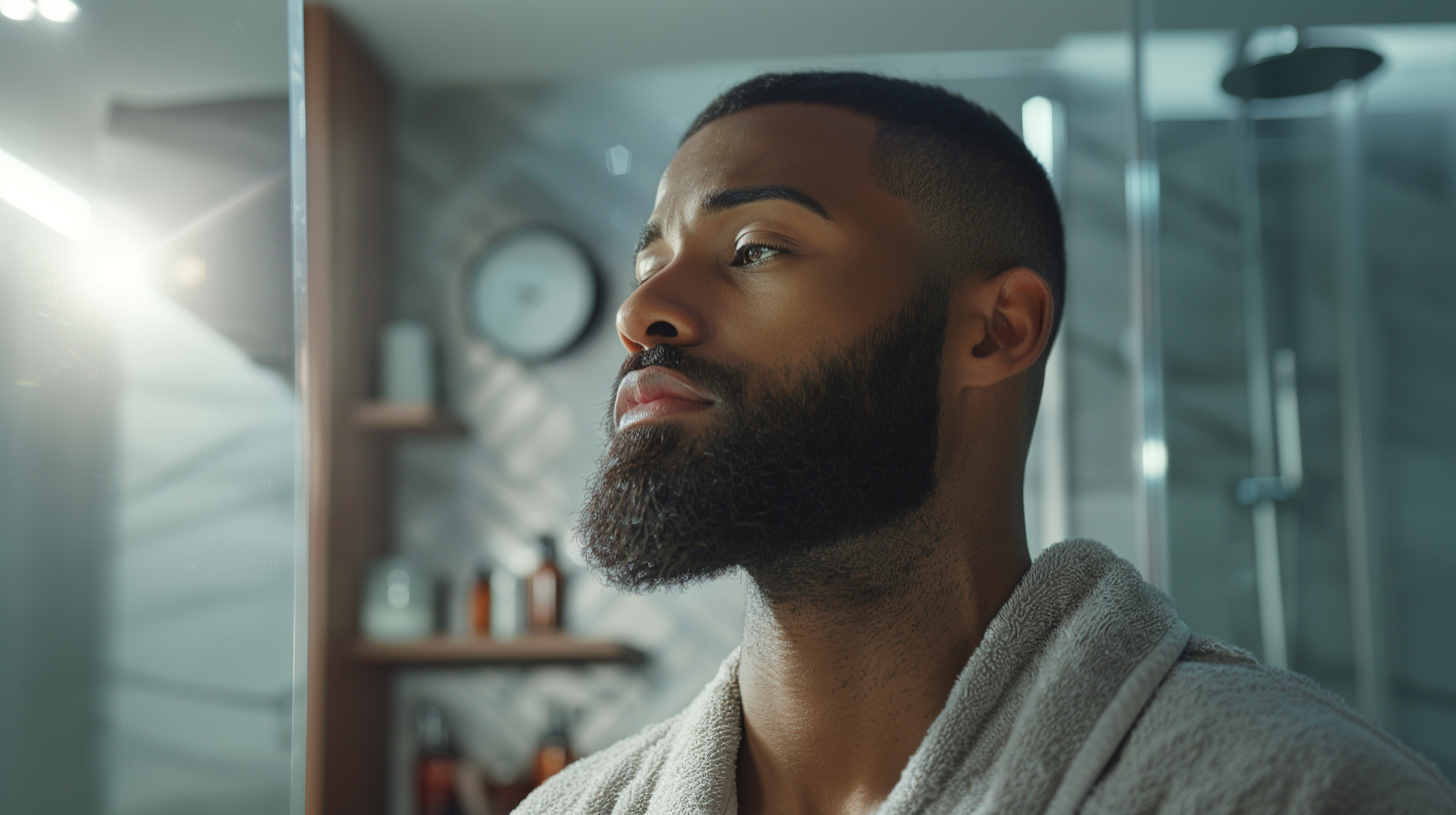 A diverse group of men with well-groomed beards engage in a grooming routine in a modern, stylish bathroom with natural lighting.