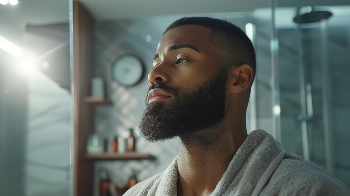 A diverse group of men with well-groomed beards engage in a grooming routine in a modern, stylish bathroom with natural lighting.