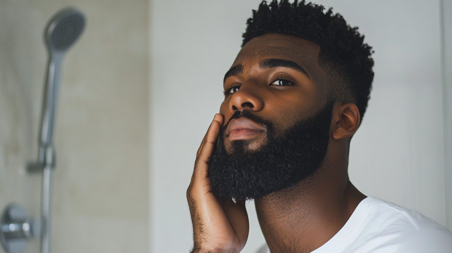 A diverse group of men with distinct beard styles in a modern grooming environment with grooming products in the background.