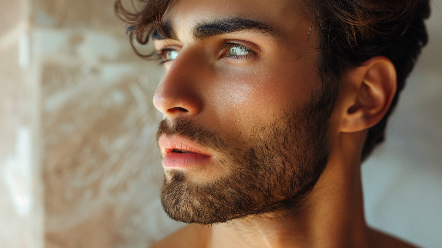 A diverse group of men showcasing various grooming routines in a modern, well-lit bathroom.