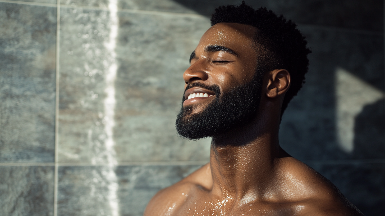 A diverse group of men aged 25-36 engage in a grooming routine in a modern, stylish bathroom with earthy tones, using beard oils, growth kits, and face moisturizers.