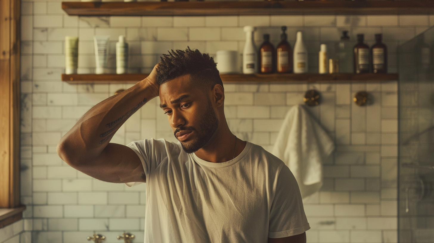 A diverse group of confident men with healthy hair and well-groomed beards in a modern bathroom setting, surrounded by grooming products.