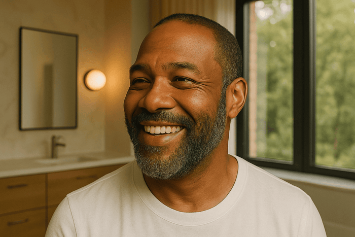A diverse group of confident men with well-groomed beards and hair in a modern grooming space with grooming products like a wooden comb, beard oil, and hair conditioner.