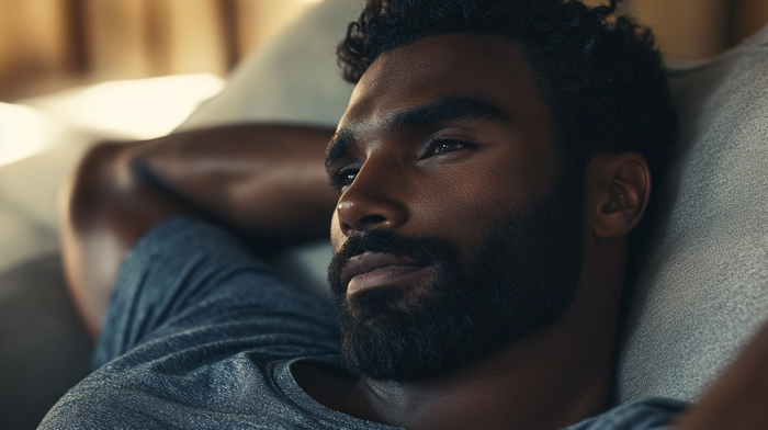 A diverse group of men showcasing healthy hair, skin, and beards in a modern setting, surrounded by grooming products like beard oils, shampoos, and vitamin gummies.