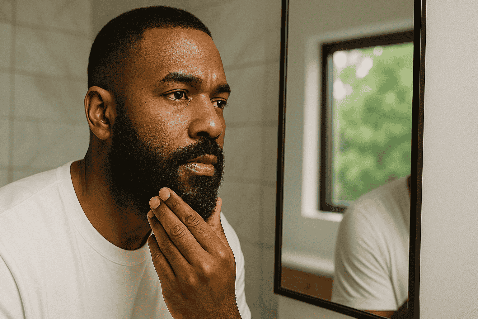 A diverse group of men with well-groomed beards and confident expressions, surrounded by grooming products in a warm, inviting setting.