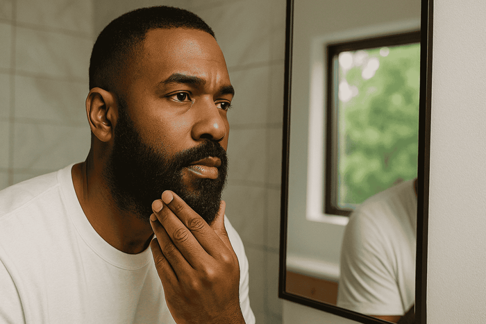 A diverse group of men with well-groomed beards and confident expressions, surrounded by grooming products in a warm, inviting setting.