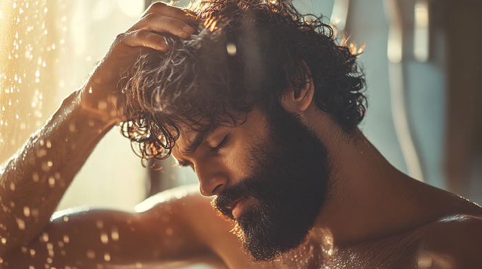 A confident man in his late 20s with a well-maintained beard stands in a stylish bathroom surrounded by grooming products, emphasizing a self-care routine.