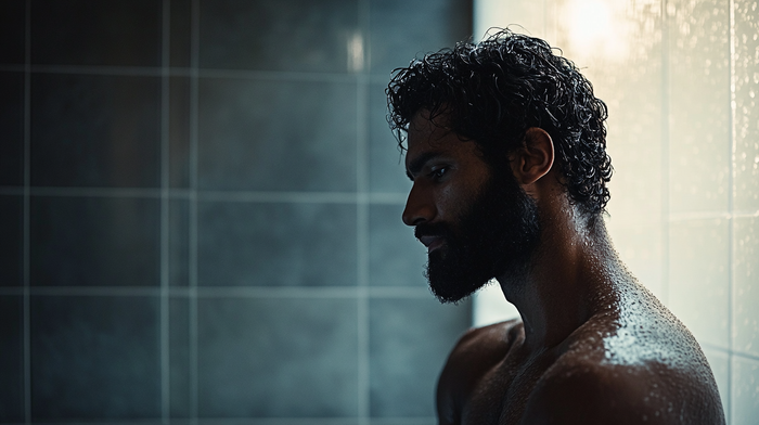 A diverse group of well-groomed men in a modern setting, showcasing beard and hair care products with a warm, earthy color palette.