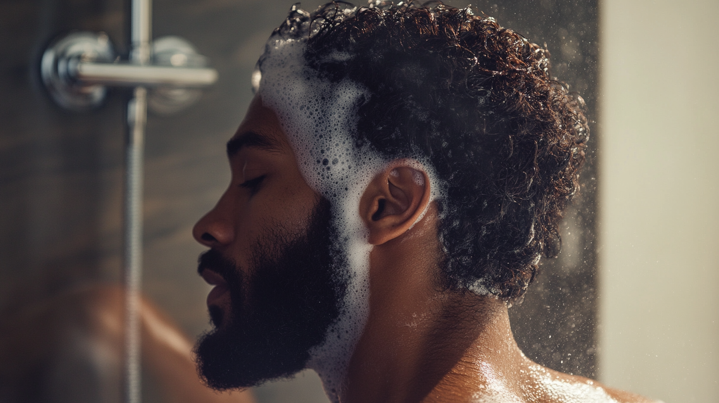 A diverse group of confident men with well-groomed hair and beards in a modern bathroom setting with grooming products and plants.