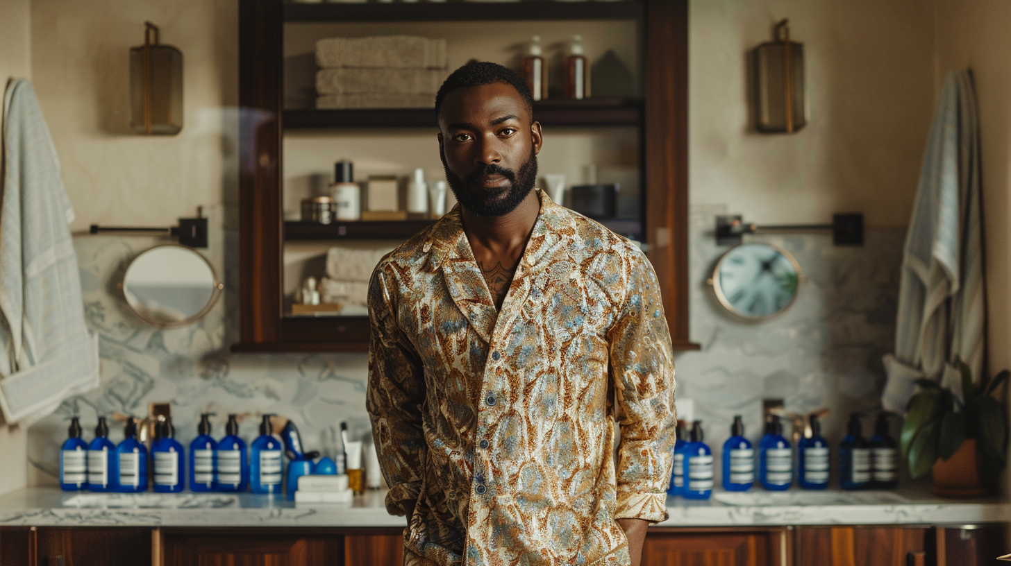 A diverse group of men aged 25-36 with well-groomed beards and hairstyles, surrounded by grooming products in a warm, earthy-toned setting.