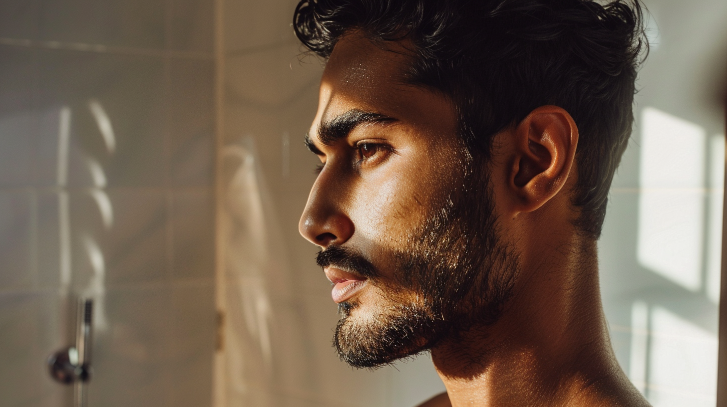 A group of diverse men in their late twenties to mid-thirties, with well-groomed beards, engage in a self-care routine in a stylish, earth-toned bathroom, applying beard care products.