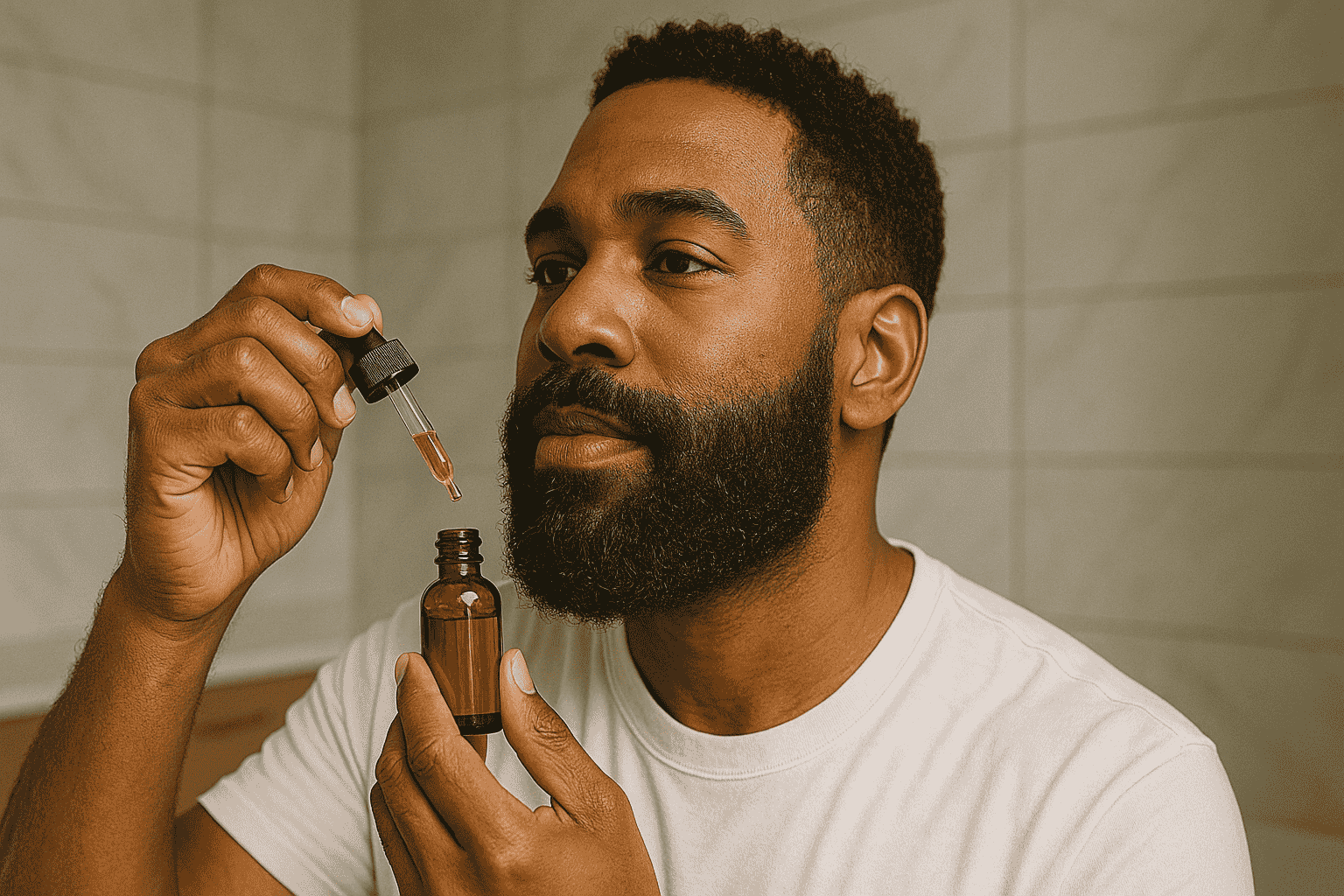A diverse group of confident men aged 25-36 with well-groomed beards and hair in a modern, stylish setting, surrounded by grooming products like beard oils and wooden combs.