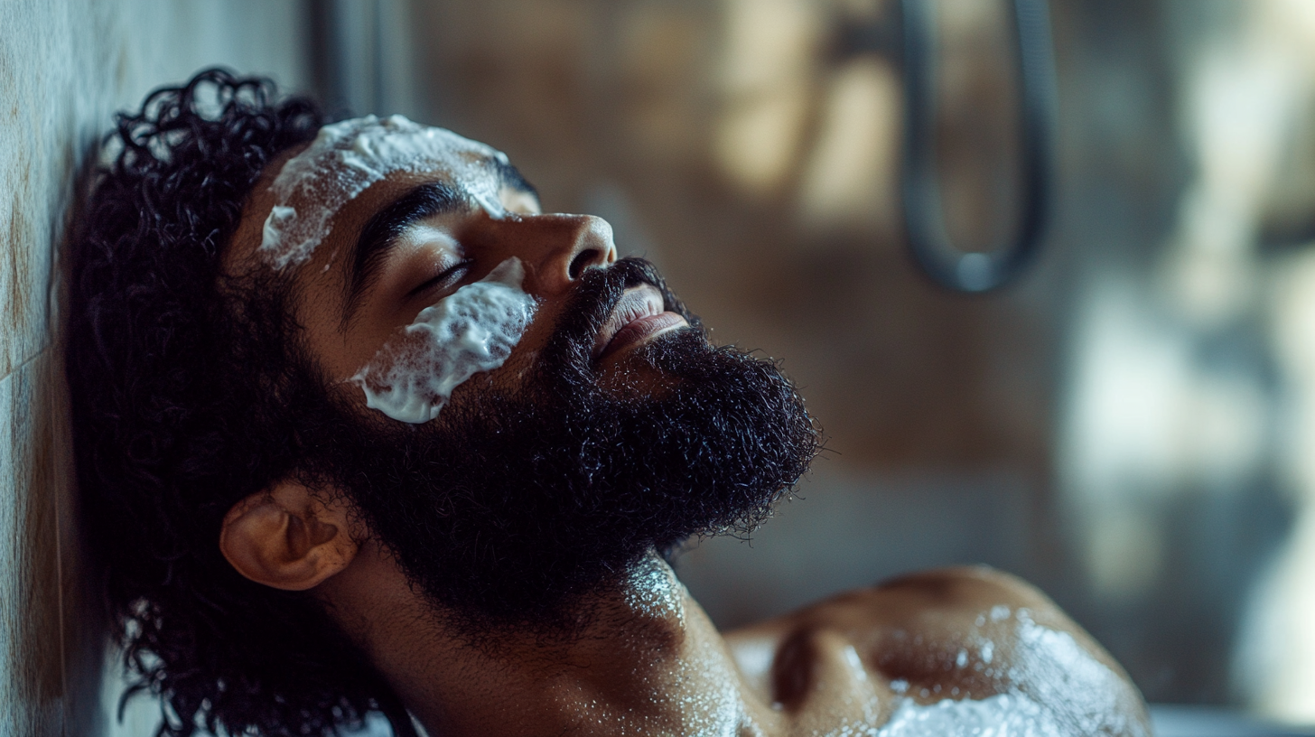 A diverse group of men practicing grooming and self-care with skincare, beard care, and hair care routines.