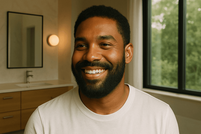 A diverse group of men with well-groomed beards in a modern barbershop, surrounded by grooming products.