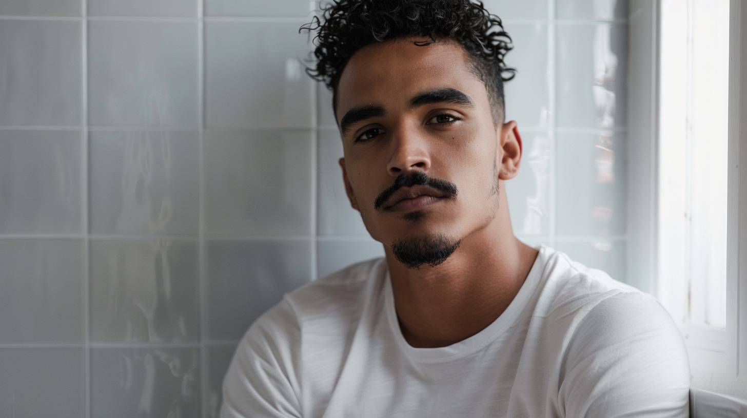 A man a modern bathroom, with a focus on self-care and empowerment.