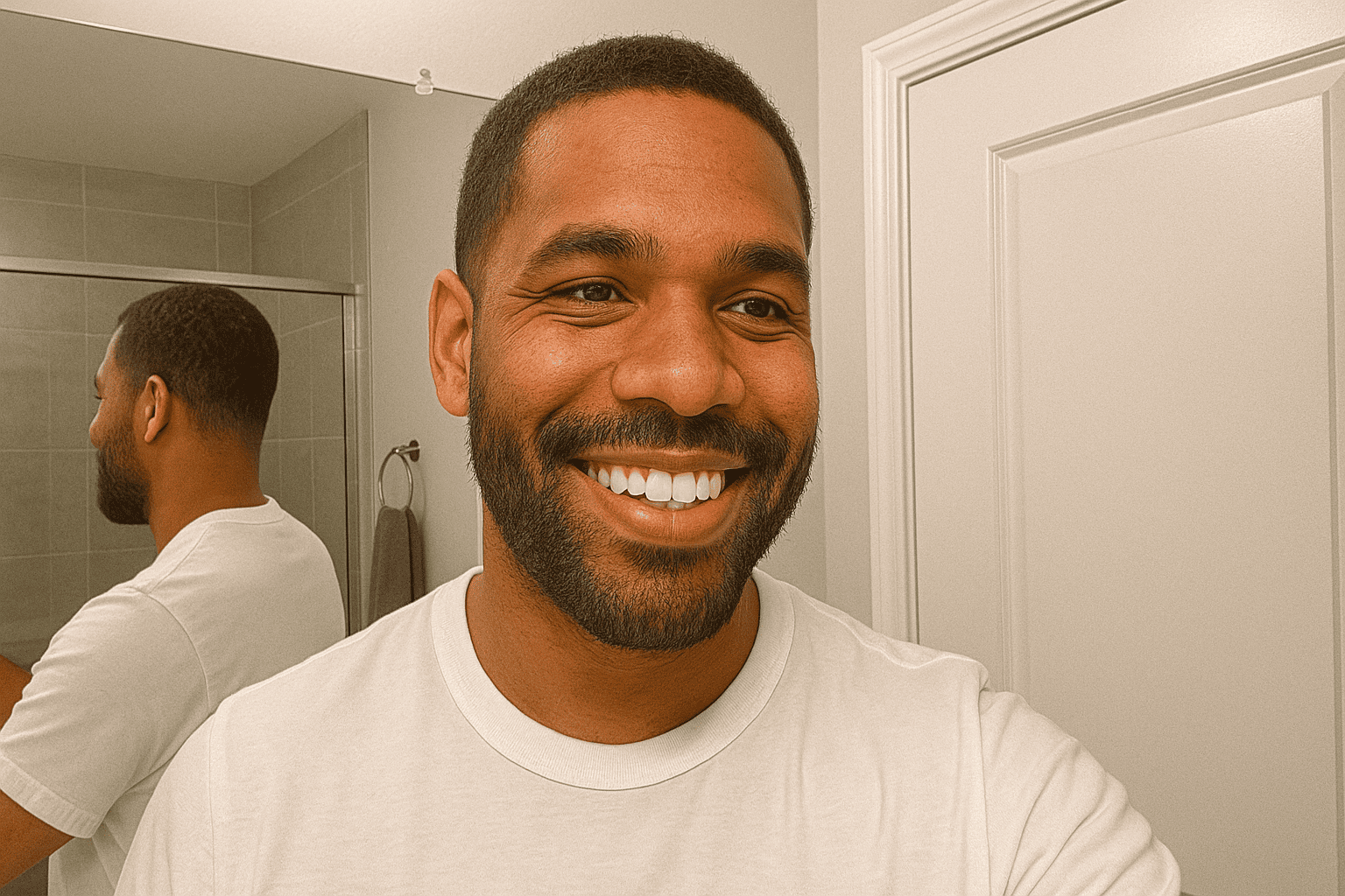 A diverse group of confident men aged 25-36 with healthy hair and well-groomed beards, surrounded by grooming tools and products in a modern setting with natural, earthy tones.