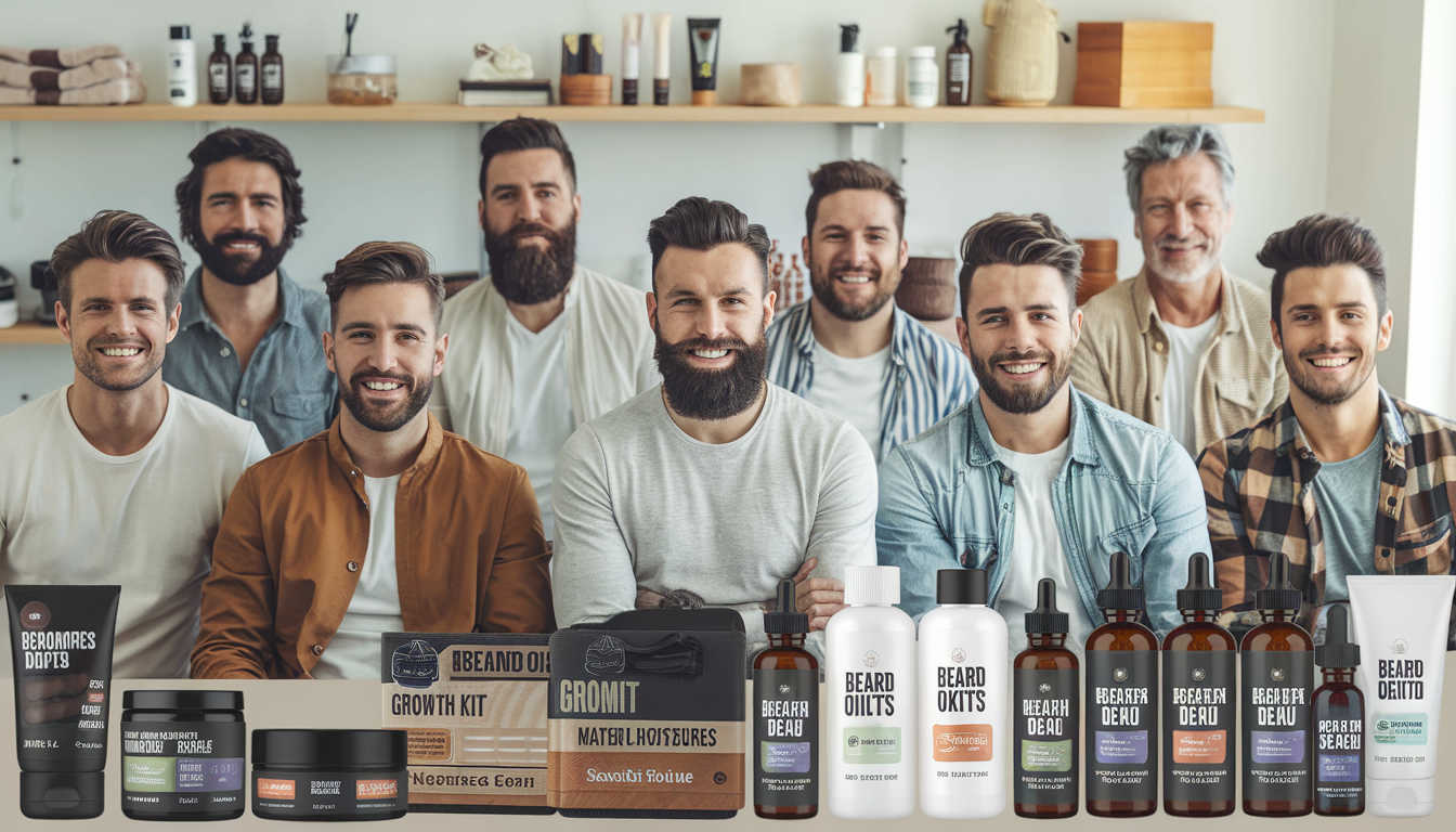 A diverse group of confident men with well-groomed beards and stylish hair in a bright grooming space, surrounded by grooming products.