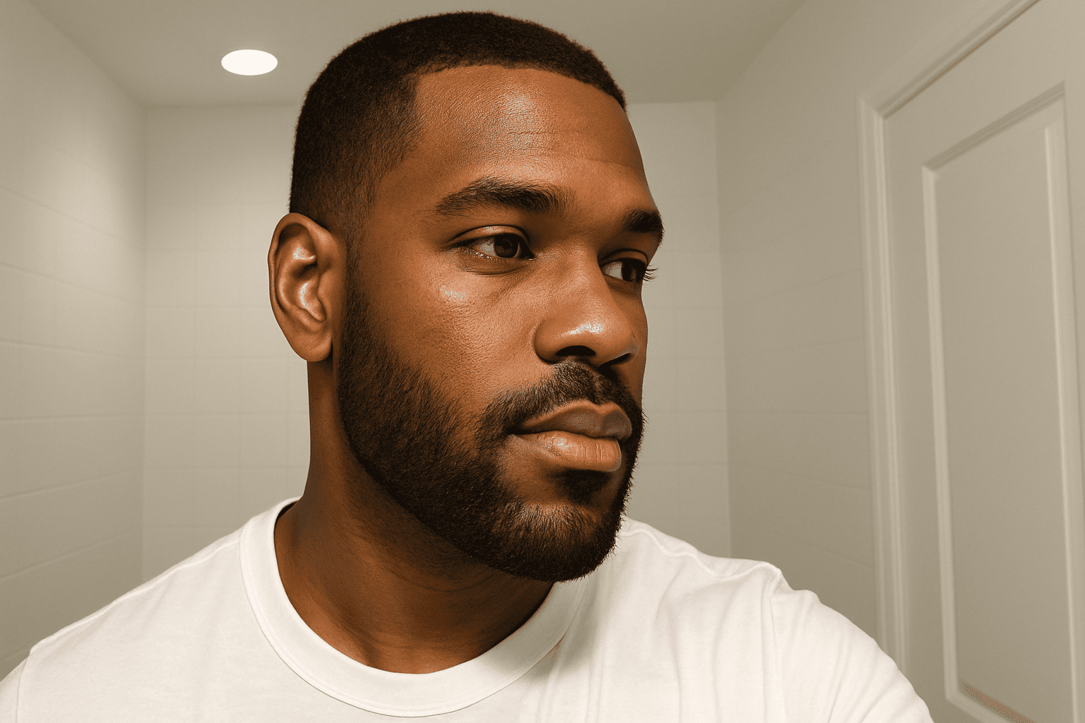A diverse group of men with well-groomed beards surrounded by grooming products in a modern setting.