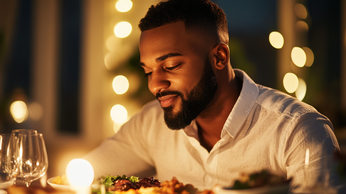 A diverse group of men with well-groomed beards and healthy hair enjoy a dinner setting with vibrant, healthy foods and grooming products on the table.