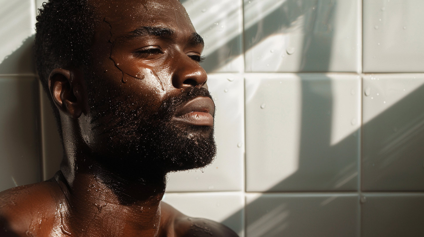 A diverse group of well-groomed men in a stylish bathroom, surrounded by grooming products, exuding confidence and self-assurance.